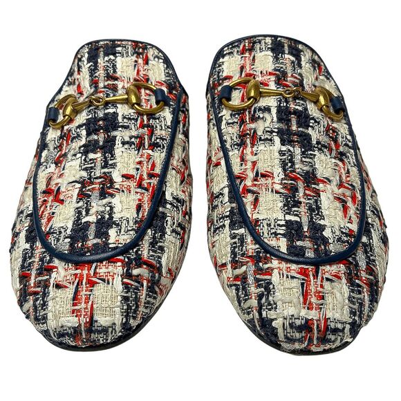 Gucci Princetown Tweed Horsebit Mules Navy Blue Red Logo Loafers EU 36 US 6 - Picture 7 of 8